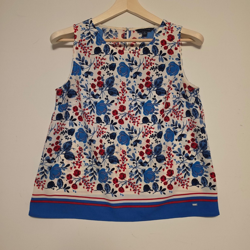 Tommy Hilfiger Floral Print Sleeveless Blouse Blue Red White Medium - Picture 1 of 8